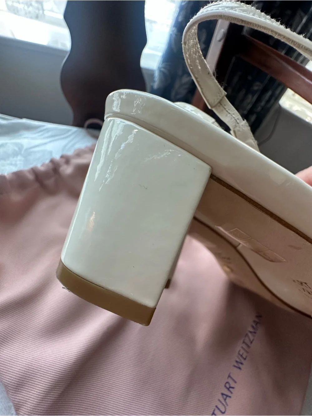 Stuart Weitzman XTALFLEUR Seashell Patent Leather Slingbacks